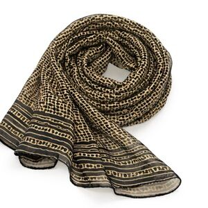 Jaeger London Scarf Black Tan Silk Geometric Grid Mosaic Oblong Large 24x60 Vnt